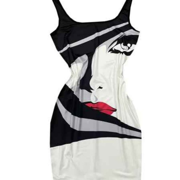 Sexy Sleeveless Bodycon Dress Size Large 8/10 Face Print Pattern Black & White - Picture 5 of 6